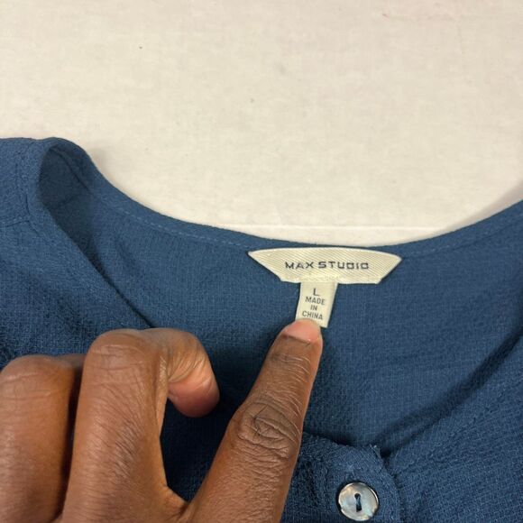 Max Studio Henley Peplum Blouse Blue Ruffled Bell Sleeve Peasant Flowy Shirt L - Picture 4 of 10